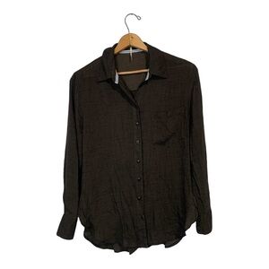 Free People Long Sleeve Dark Green Button Down Top Blouse Size S Plaid Detail